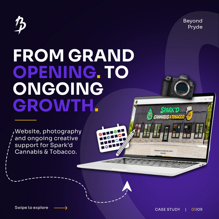 Spark’d Cannabis & Tobacco case study cover with a laptop, camera, and storefront