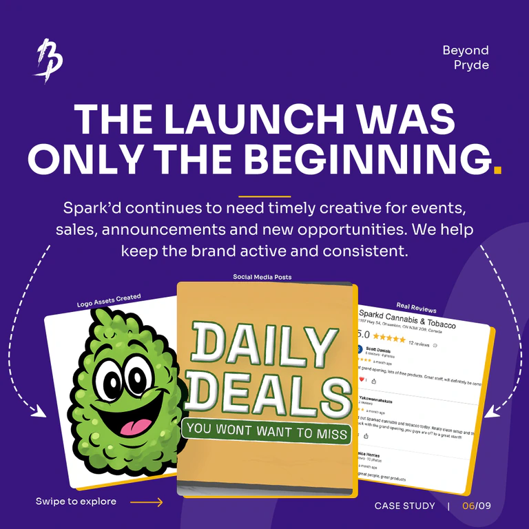 Ongoing social media posts, logo assets, and reviews created for Spark’d Cannabis & Tobacco